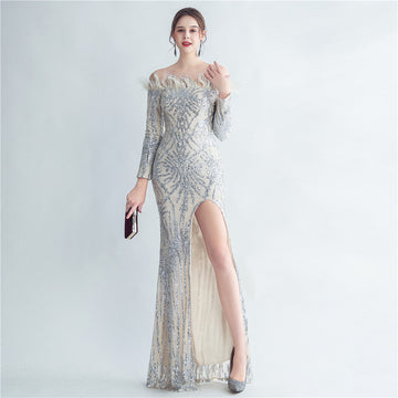 High Density Ostrich Hair Sequin Off Shoulder Fishtail Evening Dress